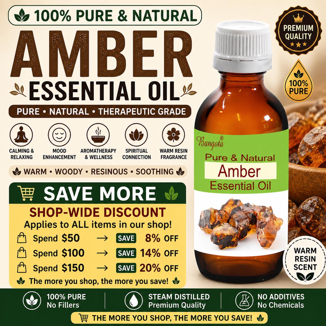 Amber Essential Oil Natural Warm Resin Fragrance Calming Aromatherapy Diffuser Massage Oil Pure