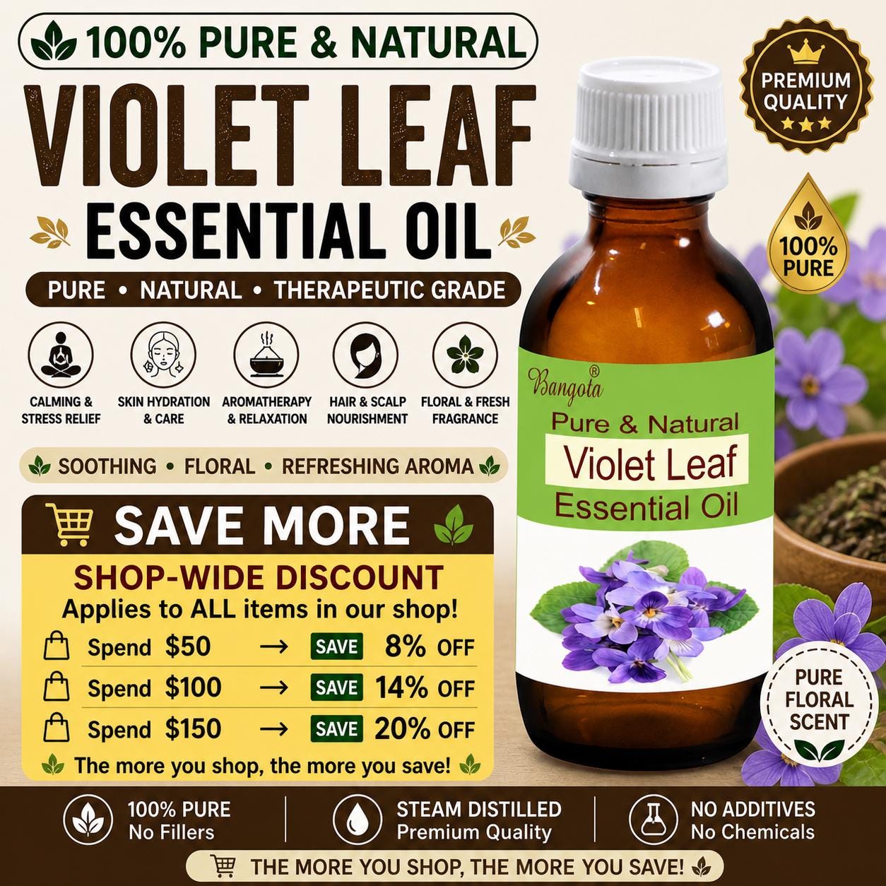 Violet Leaf Essential Oil Natural Floral Calming Aromatherapy Skin Care Hydrating Hair Care Pure