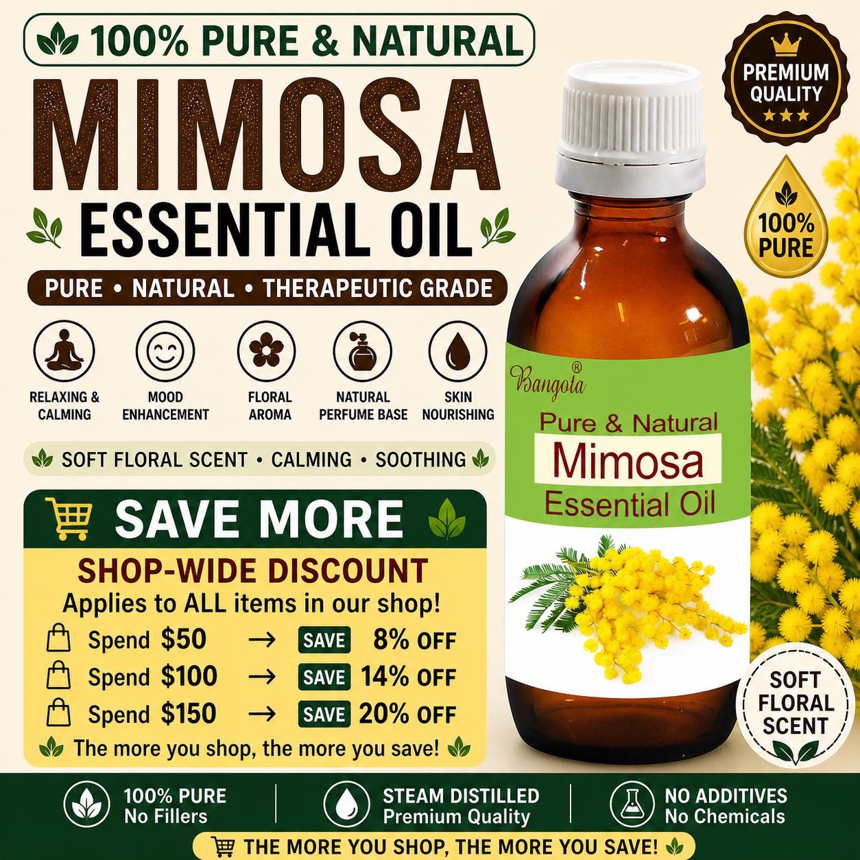 Mimosa Essential Oil Pure Natural Calming Floral Aromatherapy Perfume Diffuser Skin Care Oil