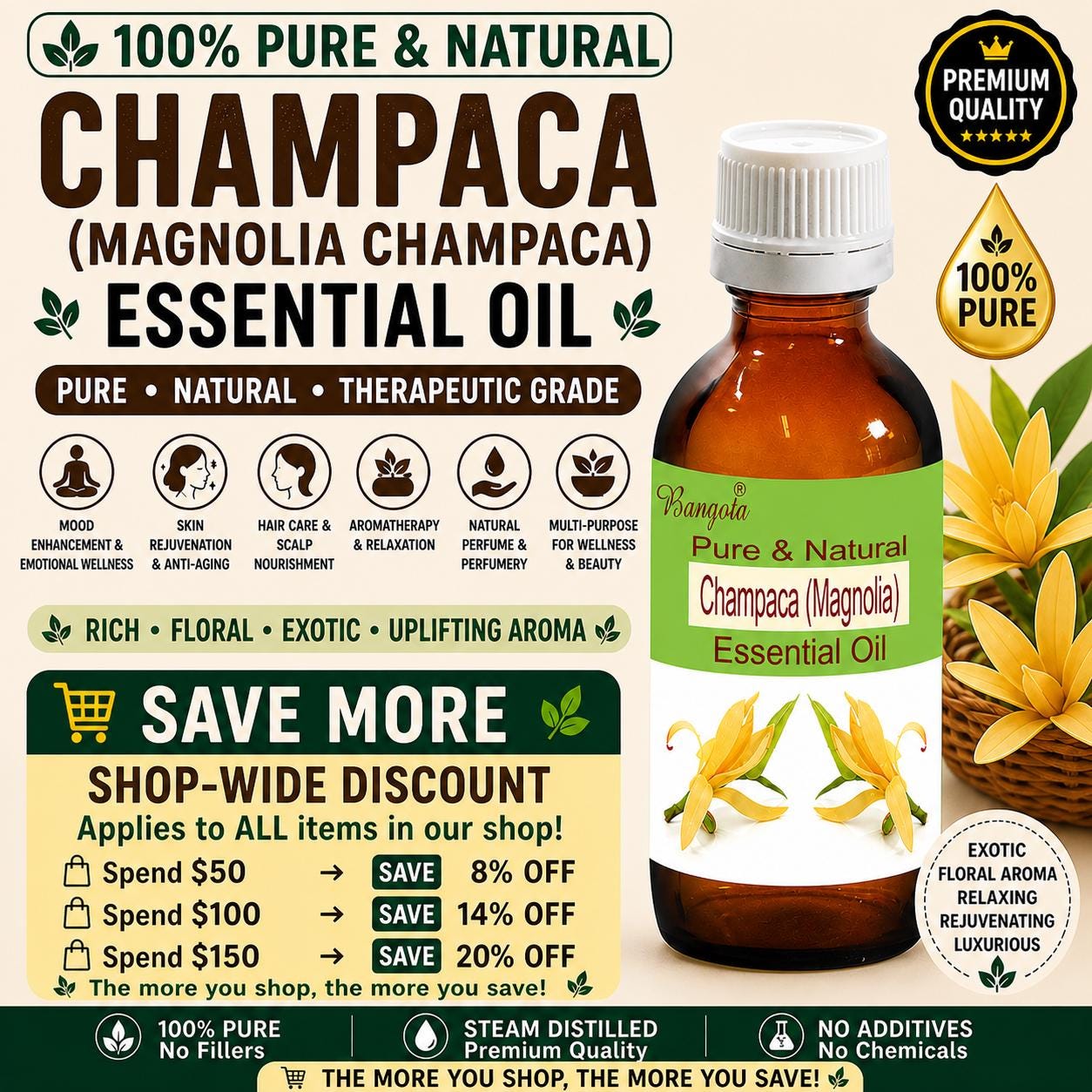 Champaca Essential Oil Pure Natural Magnolia Floral Aromatherapy Massage Skincare Perfume Diffuser Relaxing