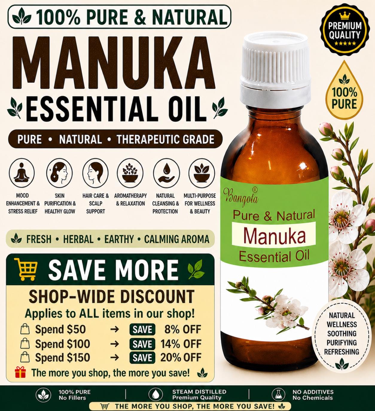 Manuka Essential Oil Pure Natural Aromatherapy Skin Hair Care Wellness Relaxation by Bangota