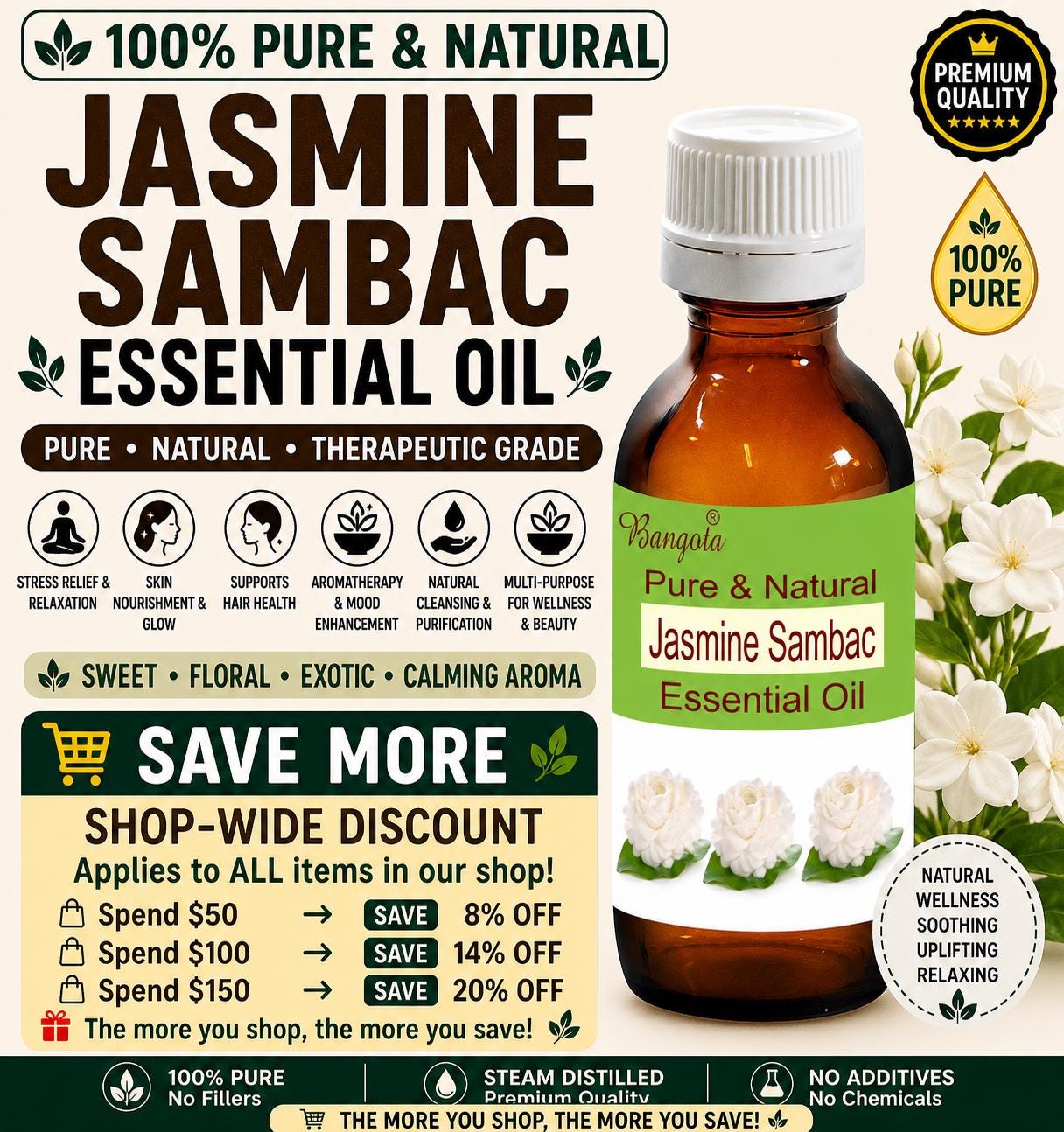 Jasmine Sambac Essential Oil Pure Natural Sweet Floral Aromatherapy Perfume Skincare Relaxation Oil