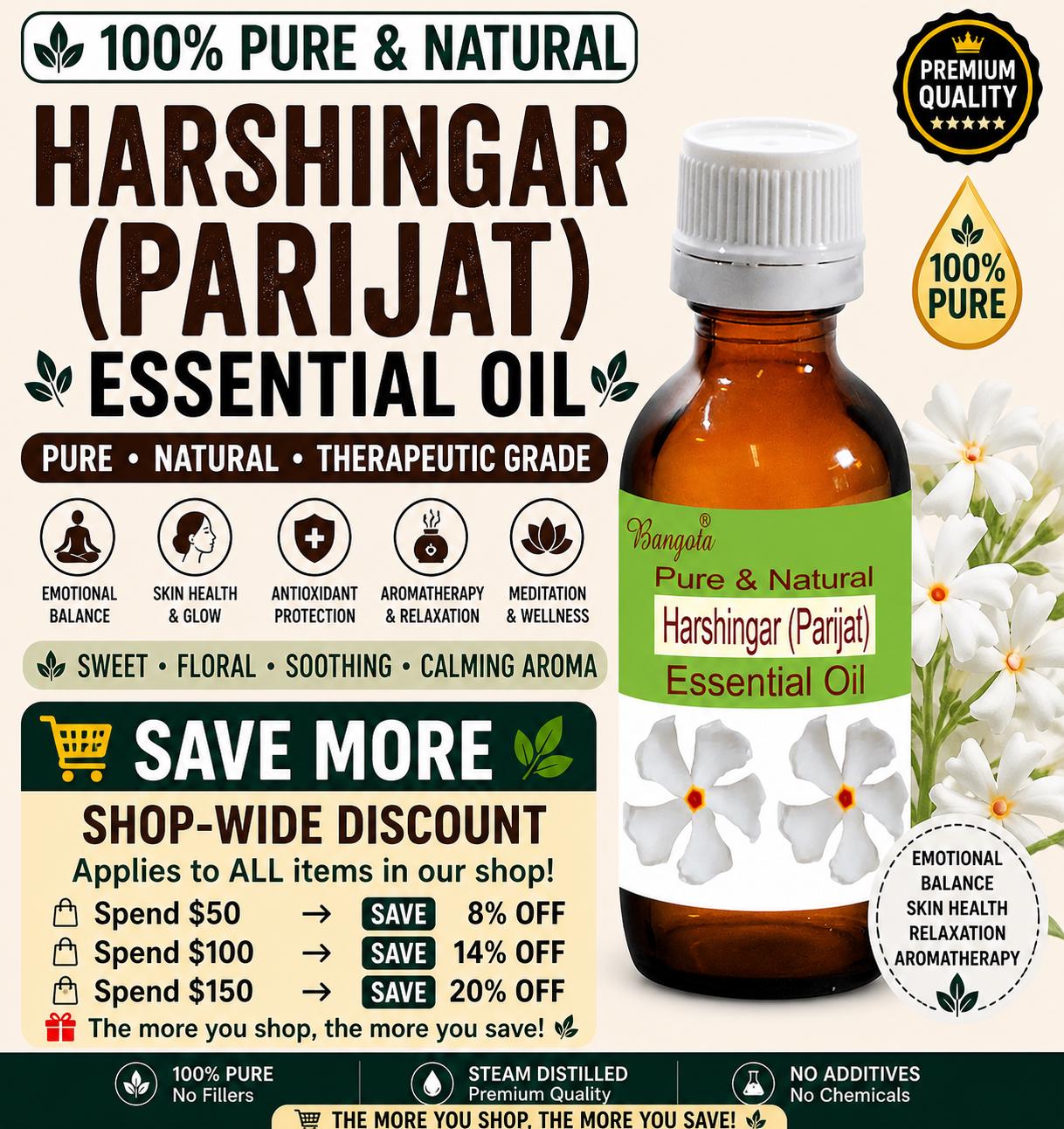 Harshingar Essential Oil Pure Natural Parijat Nyctanthes Aromatherapy Skin Care Floral Oil