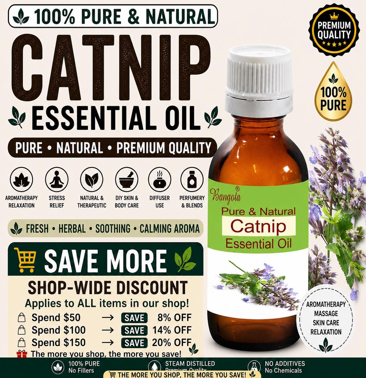 Catnip Essential Oil Pure Natural Aromatherapy Diffuser Massage Skincare DIY Herbal Fragrance Oil
