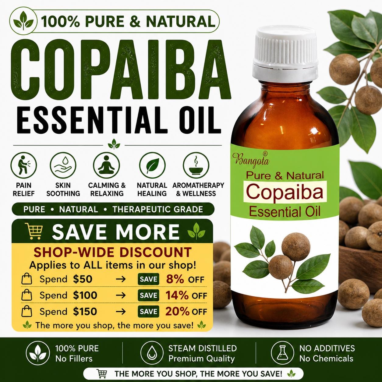 Copaiba Essential Oil Natural Skin Soothing Calming Aromatherapy Massage Oil Pure