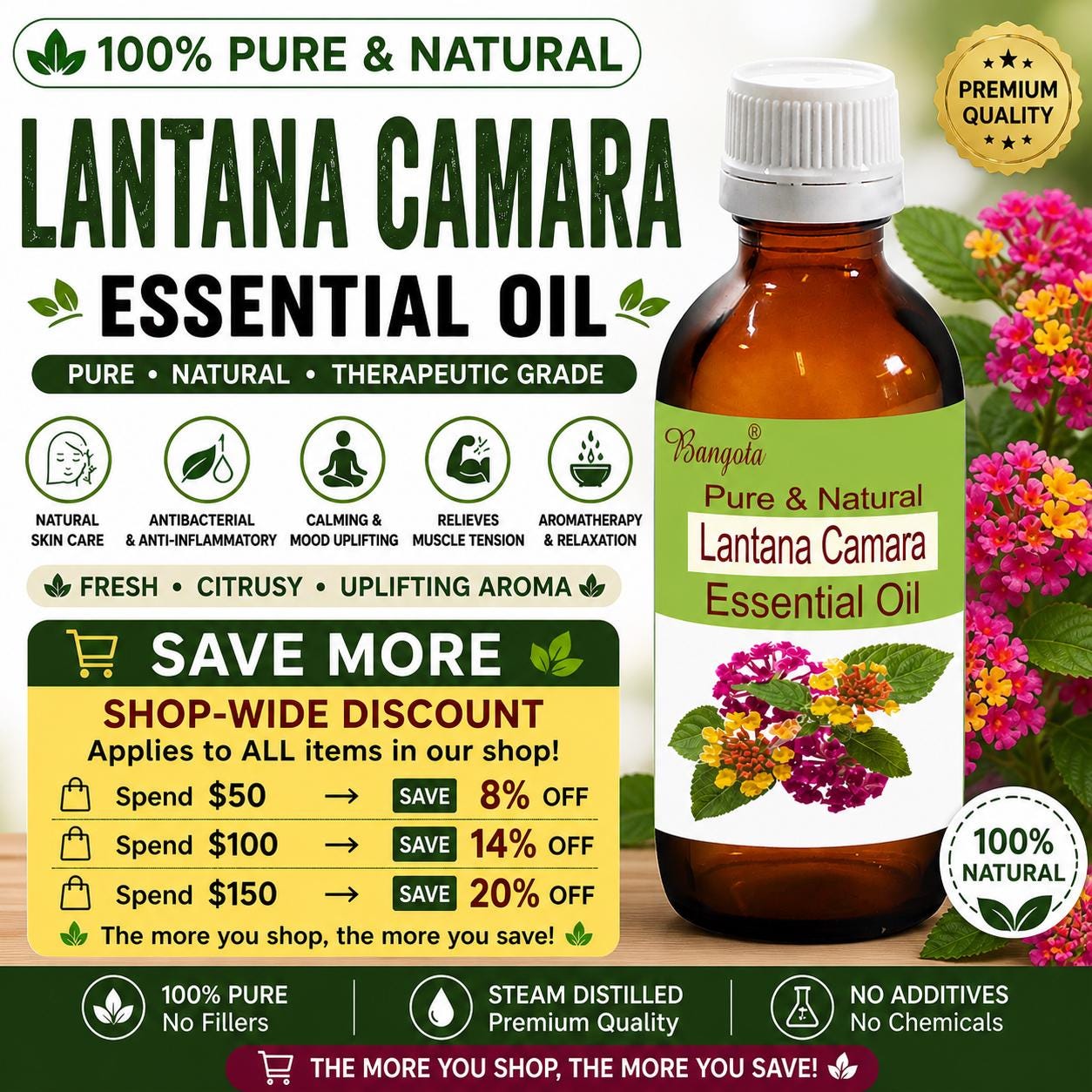 Lantana Camara Essential Oil Natural Skin Care Acne Relief Calming Aromatherapy Herbal Oil Pure