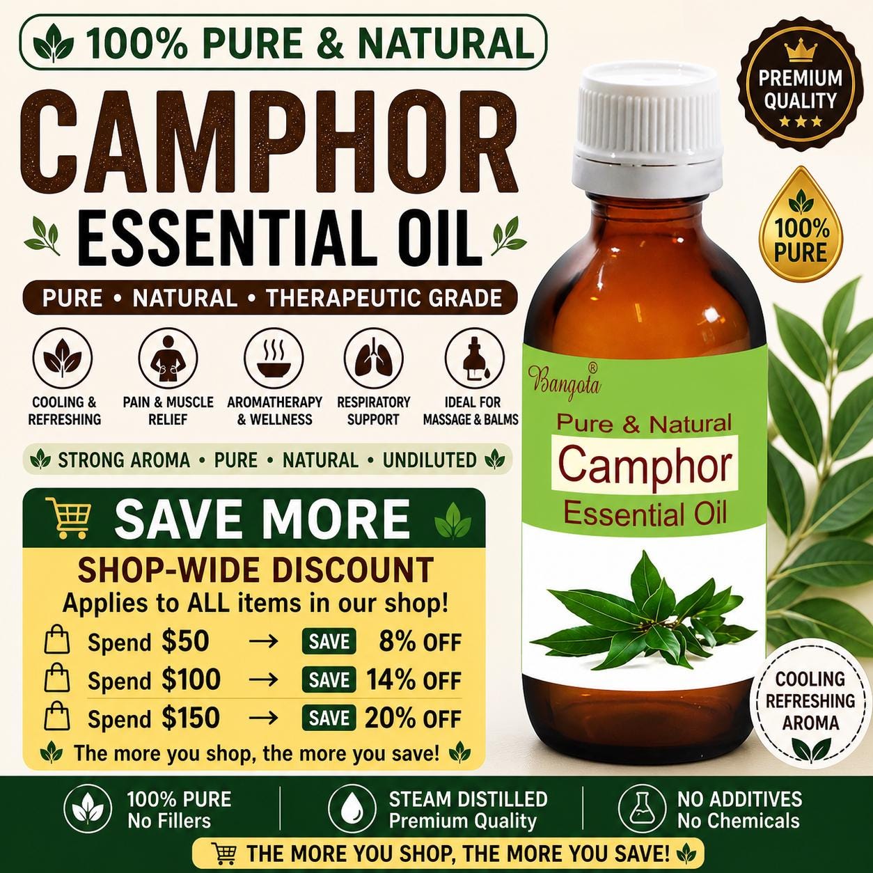 Camphor Essential Oil Pure Natural Cooling Aromatherapy Refreshing Massage Diffuser Oil
