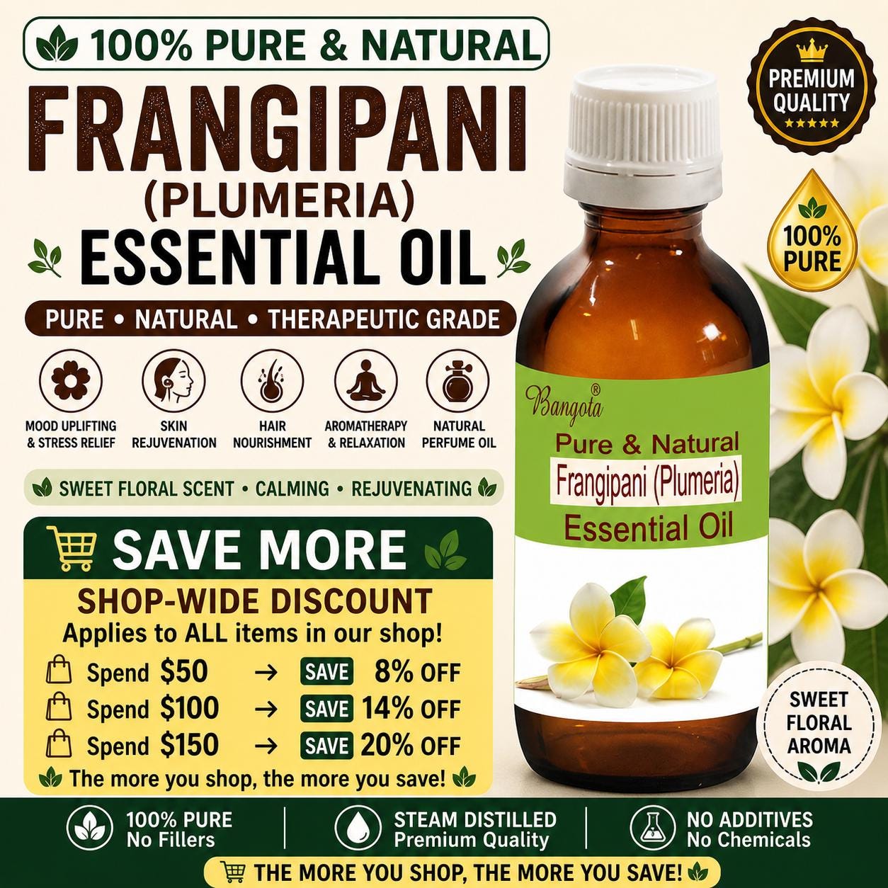 Frangipani Essential Oil Plumeria Alba Pure Natural Floral Aromatherapy Skin Hair Care Oil
