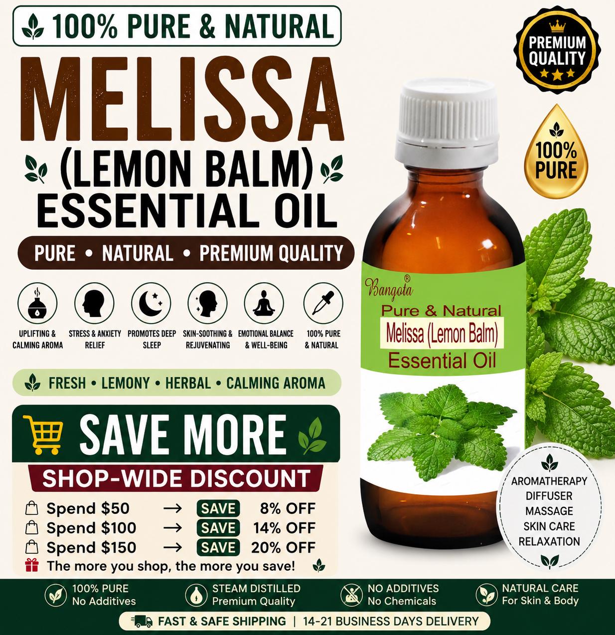 Melissa Essential Oil Pure Natural Lemon Balm Calming Aromatherapy Diffuser Massage Skin Care