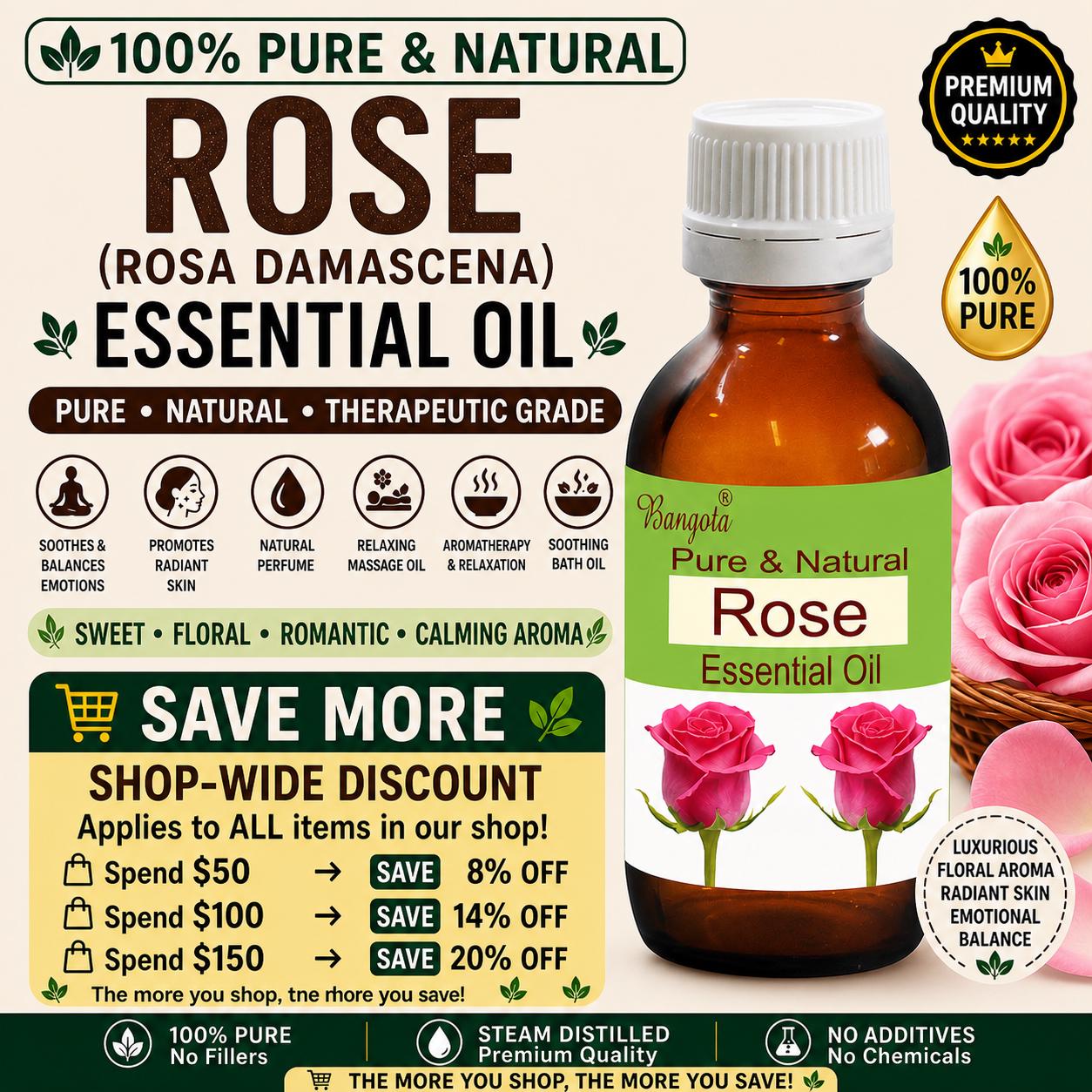 Rose Essential Oil Pure Natural Rosa Damascena Floral Aromatherapy Skincare Massage Perfume