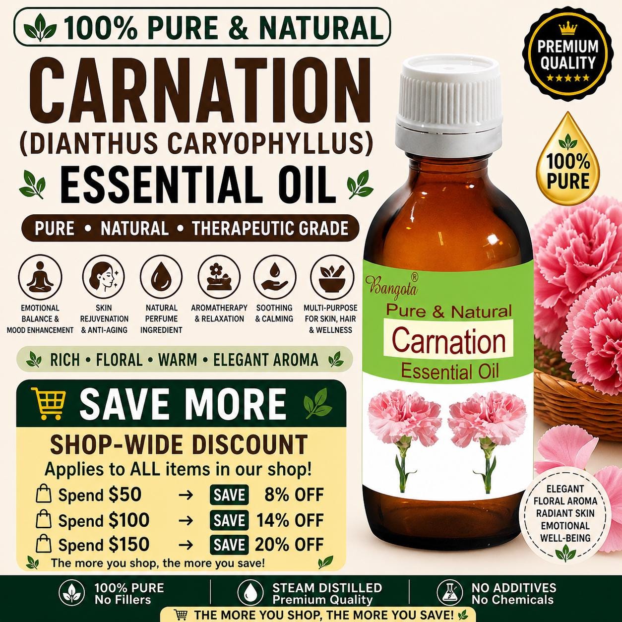 Carnation Essential Oil Pure Natural Dianthus Caryophyllus Aromatherapy Skincare Perfume Floral Diffuser Massage