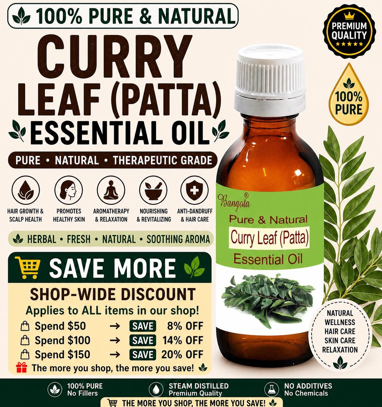 Curry Leaf Essential Oil Pure Natural Hair Growth Aromatherapy Skin Care Herbal Oil