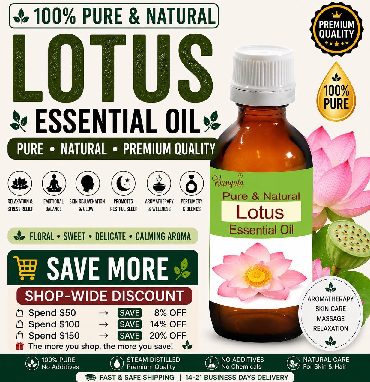 Lotus Essential Oil Pure Natural Sacred Floral Aromatherapy Skincare Diffuser Oil