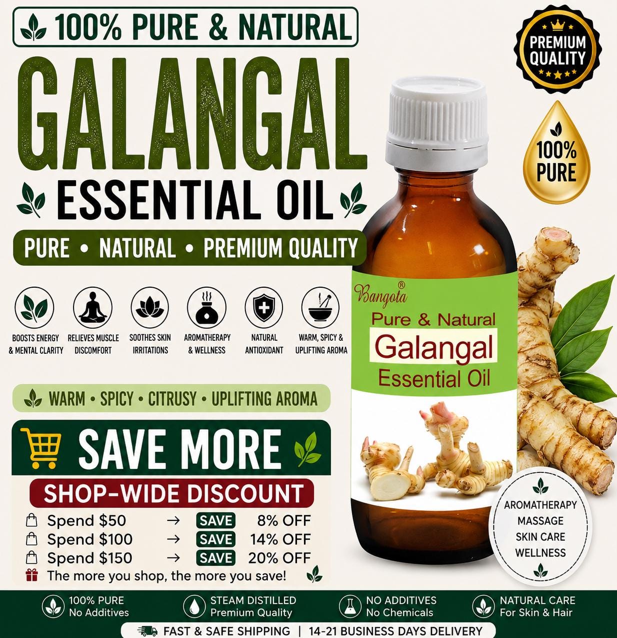 Galangal Essential Oil Pure Natural Alpinia Galanga Aromatherapy Massage Wellness