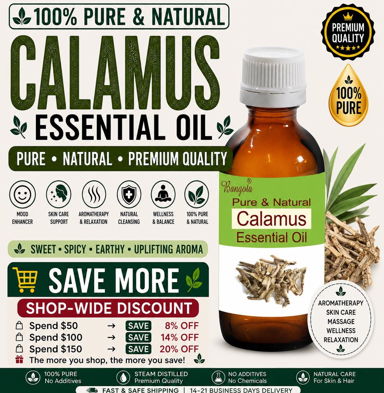 Calamus Essential Oil Pure Natural Acorus Calamus Aromatherapy Wellness Skin Care