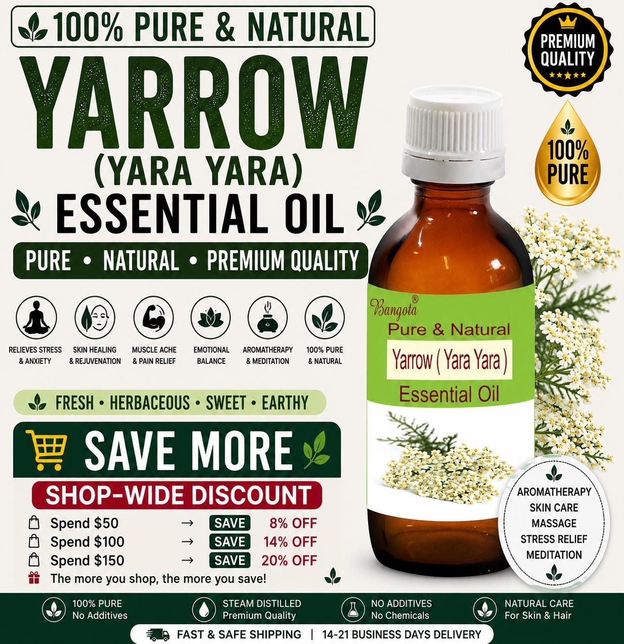 Yarrow Essential Oil Pure Natural Aromatherapy Skin Care Massage Relaxation Wellness