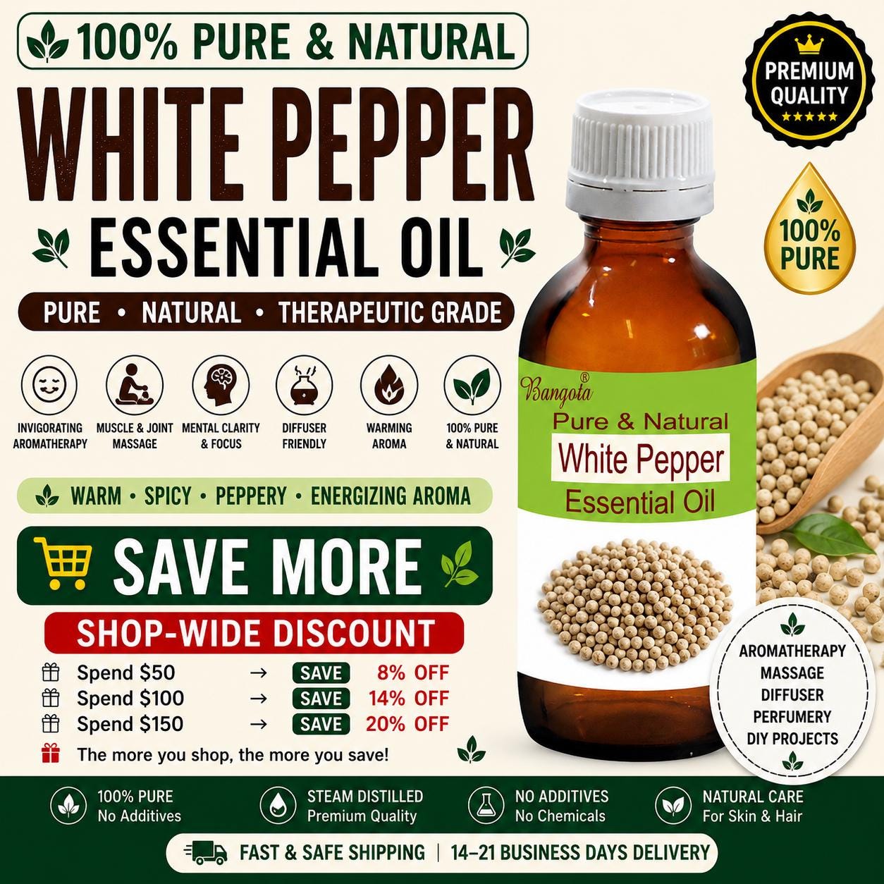 White Pepper Essential Oil Pure Natural Piper Nigrum Aromatherapy Massage Diffuser Wellness