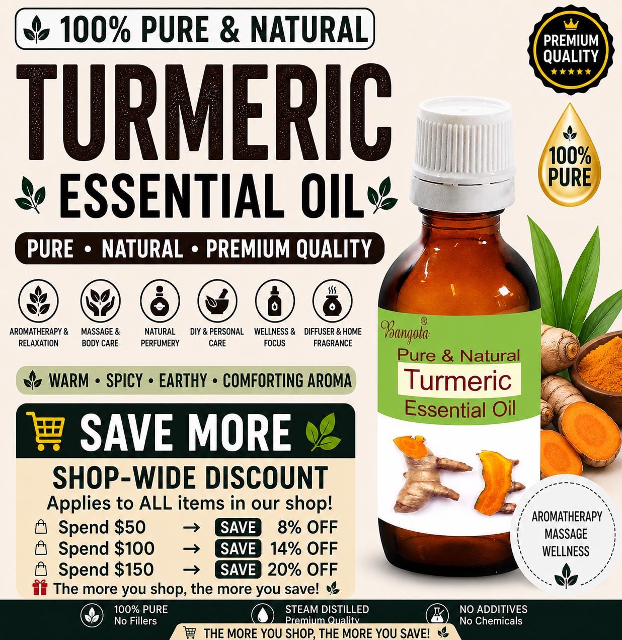 Turmeric Essential Oil Pure Natural Curcuma Longa Aromatherapy Massage Diffuser DIY Wellness Care