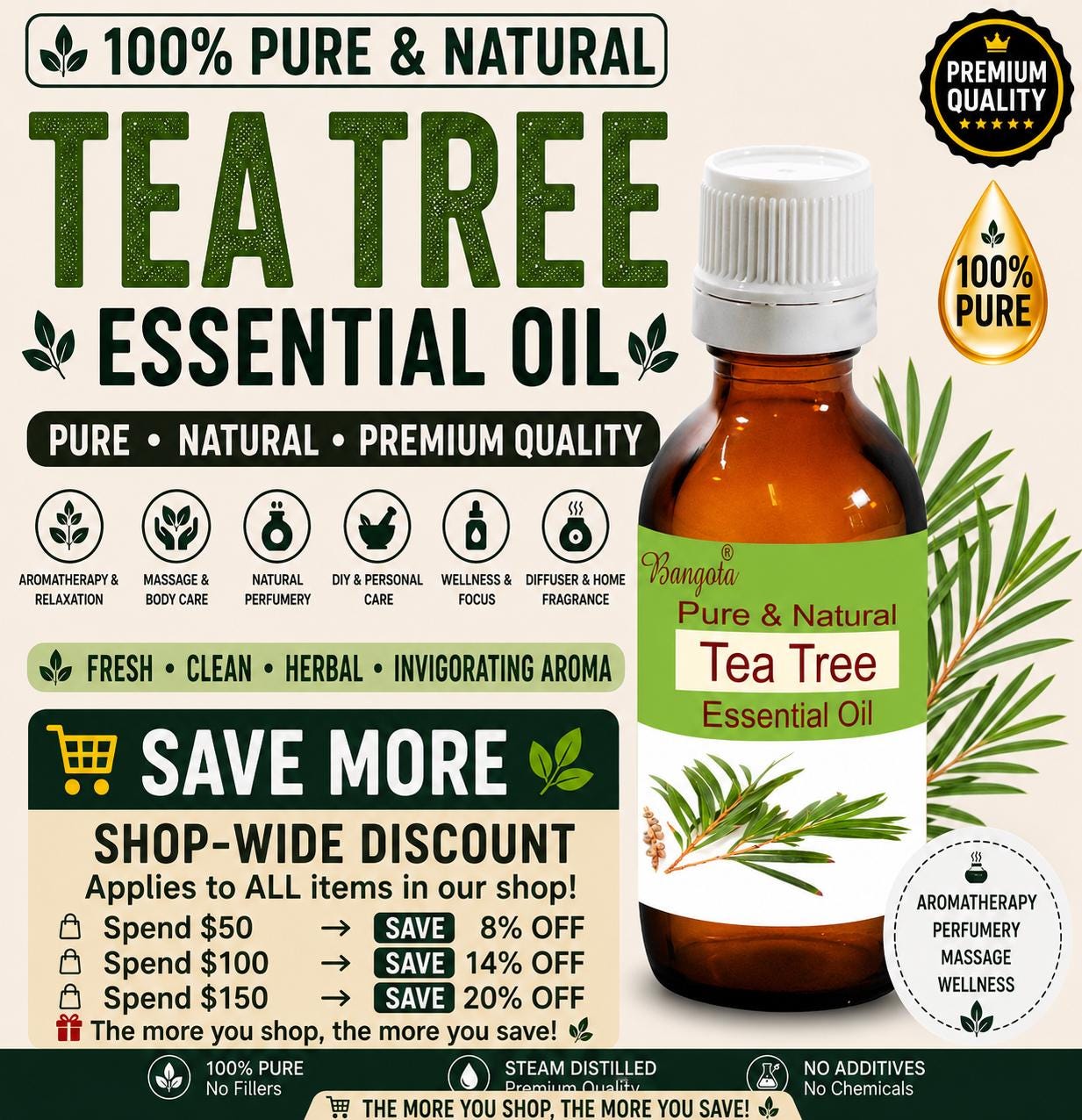 Tea Tree Essential Oil Pure Natural Melaleuca Alternifolia Aromatherapy Diffuser Massage
