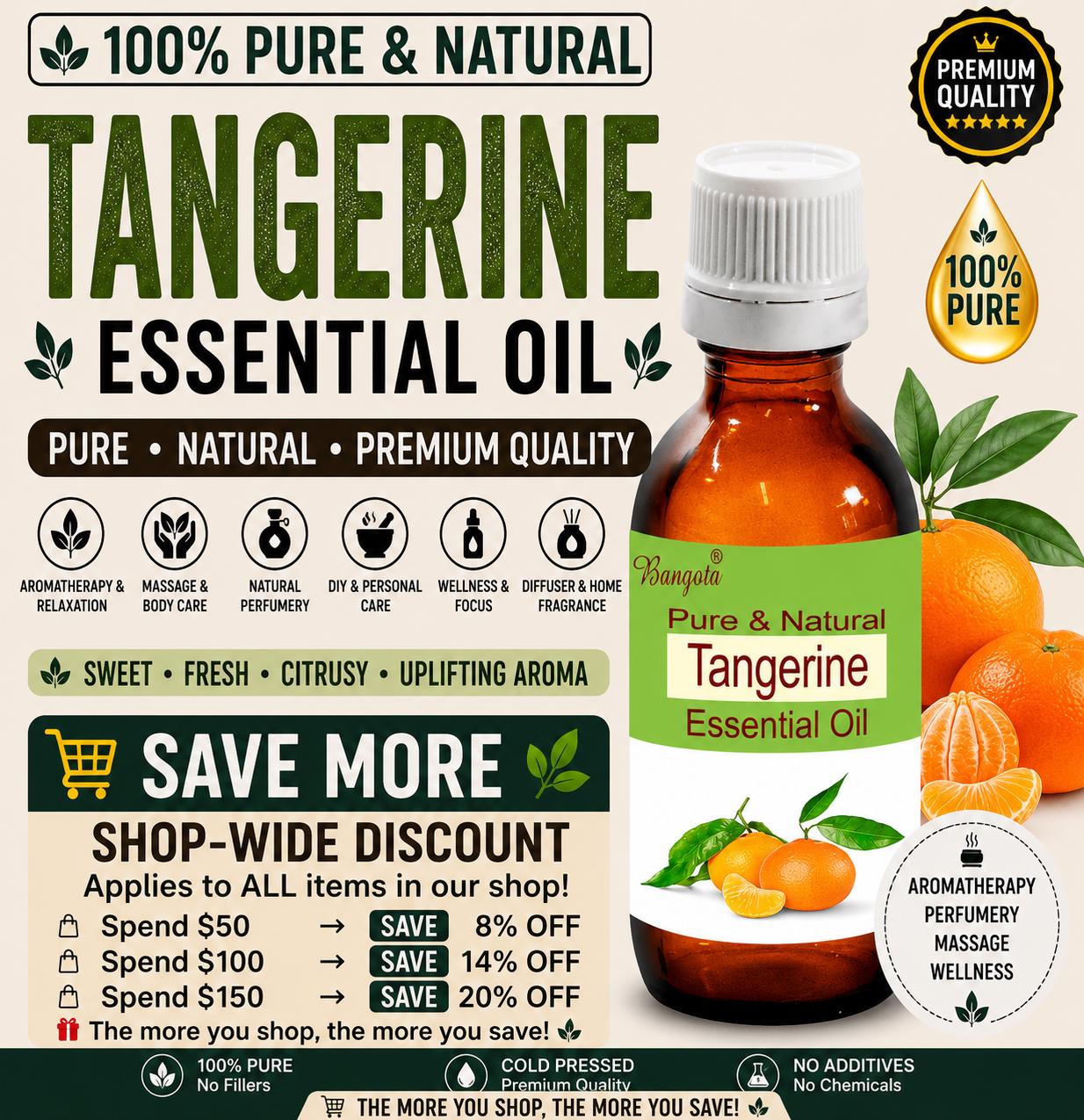 Tangerine Essential Oil Pure Natural Citrus Fresh Aromatherapy by Bangota