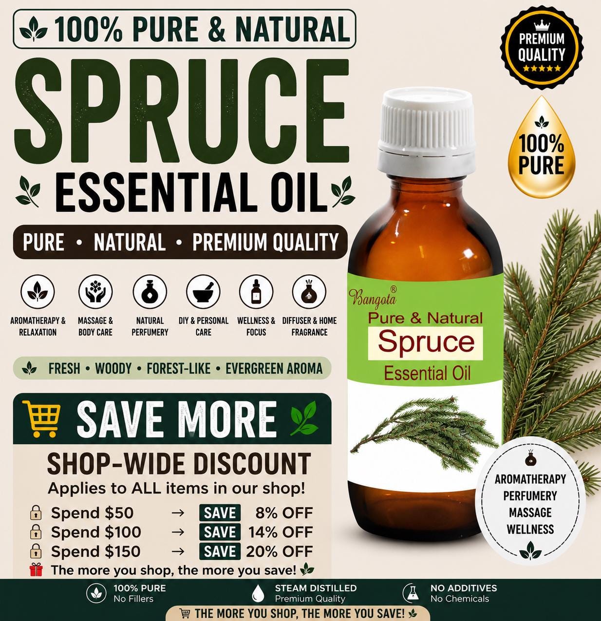 Spruce Essential Oil | Pure & Natural Picea mariana | Woody Forest Aromatherapy Oil | Bangota