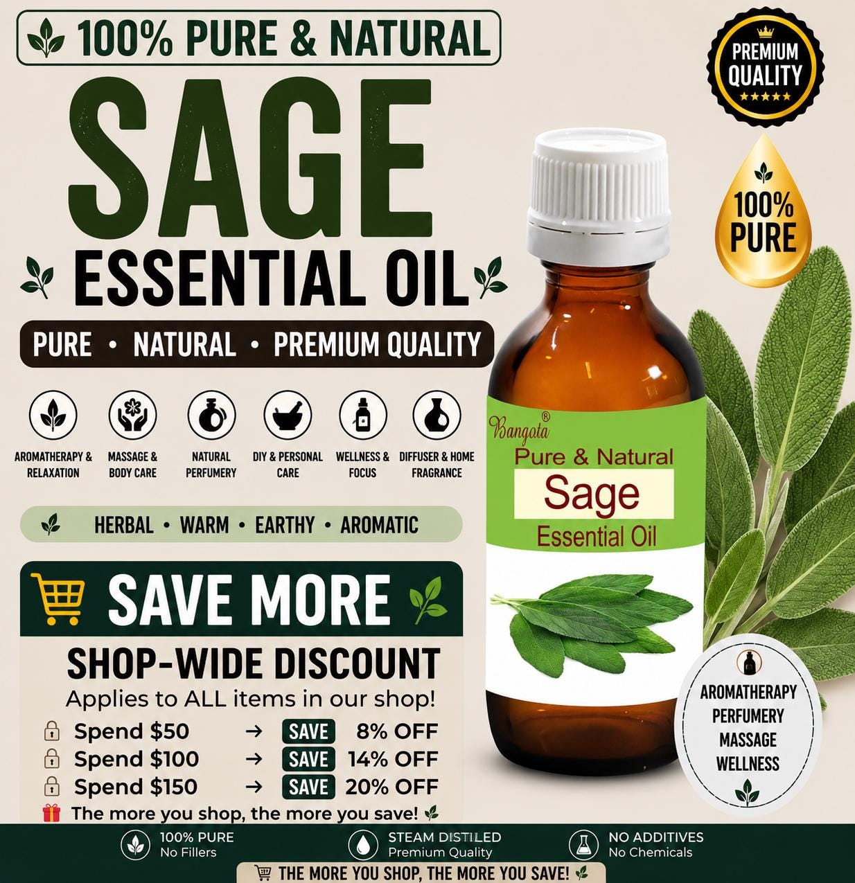 Sage Essential Oil Pure Natural Salvia Officinalis Aromatherapy Massage Diffuser Skincare Wellness