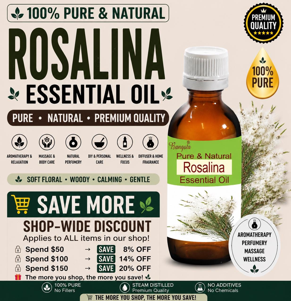 Rosalina Essential Oil Pure Natural Melaleuca Ericifolia Aromatherapy Skincare Massage Diffuser Wellness Blend