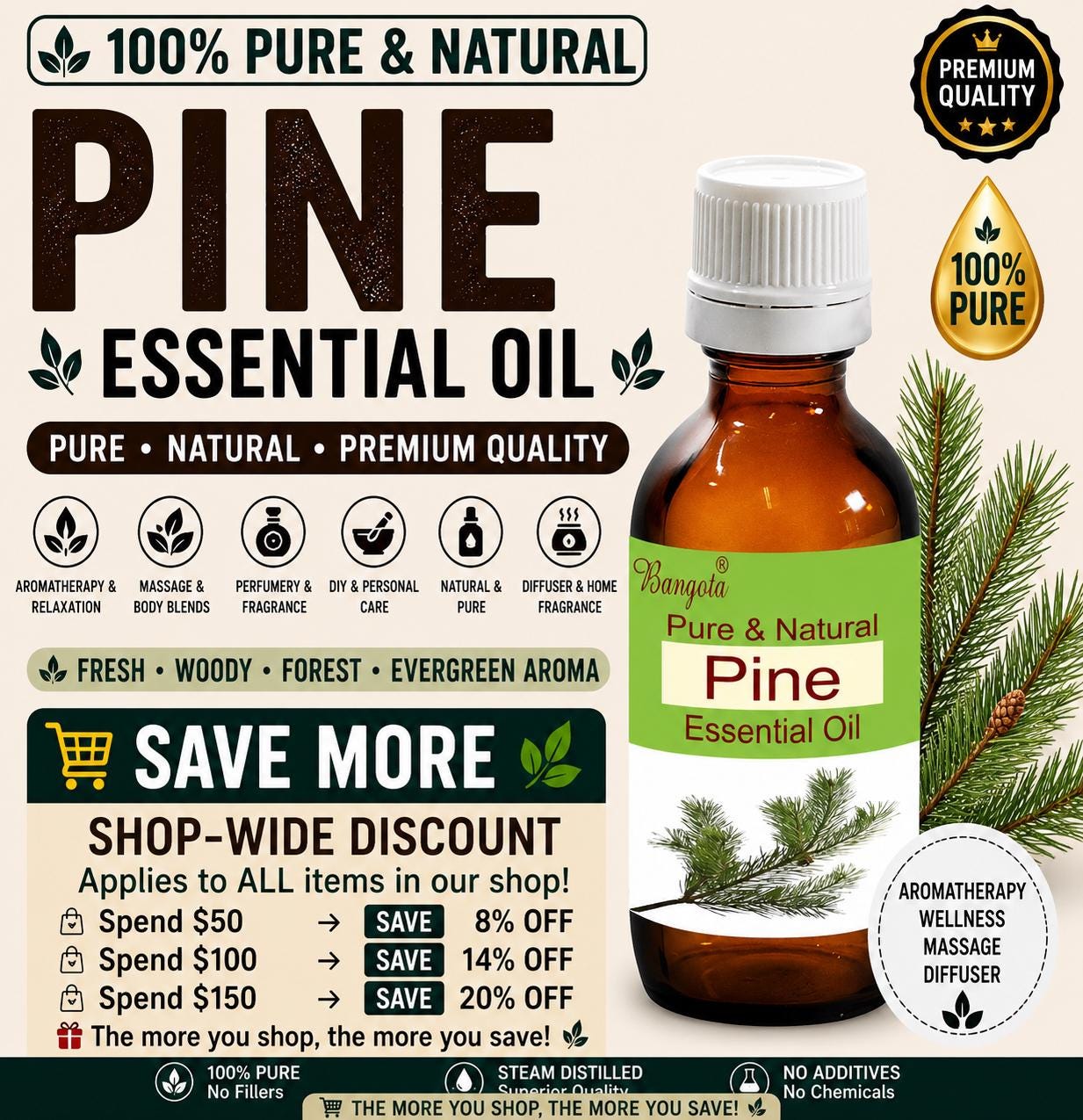 Pine Essential Oil Pure Natural Pinus Sylvestris Fresh Forest Aromatherapy by Bangota