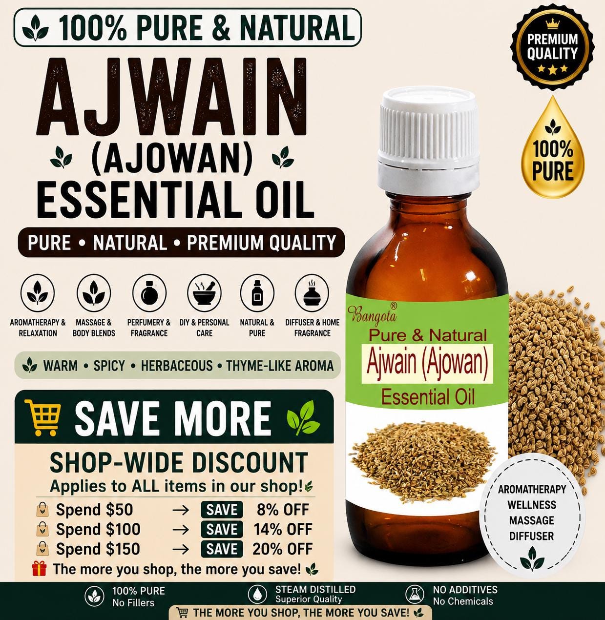 Ajwain Essential Oil Pure Natural Trachyspermum Ammi Aromatherapy Diffuser Massage Herbal Wellness