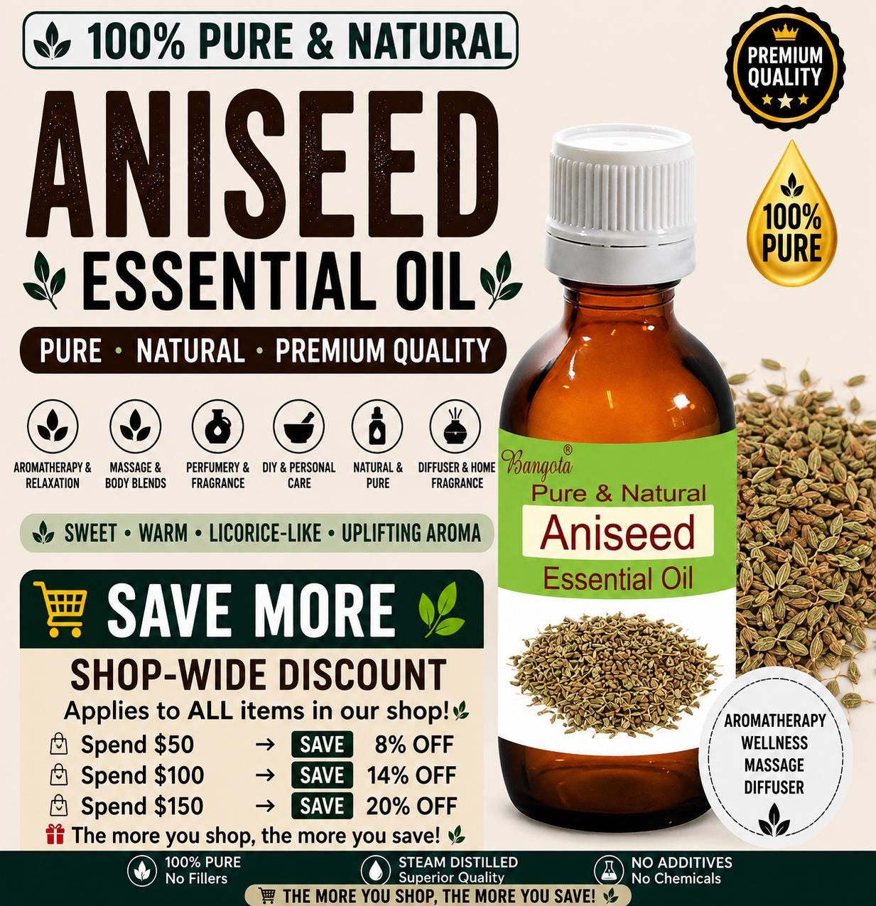 Aniseed Essential Oil Pure Natural Pimpinella Anisum Aromatherapy Diffuser Massage Wellness