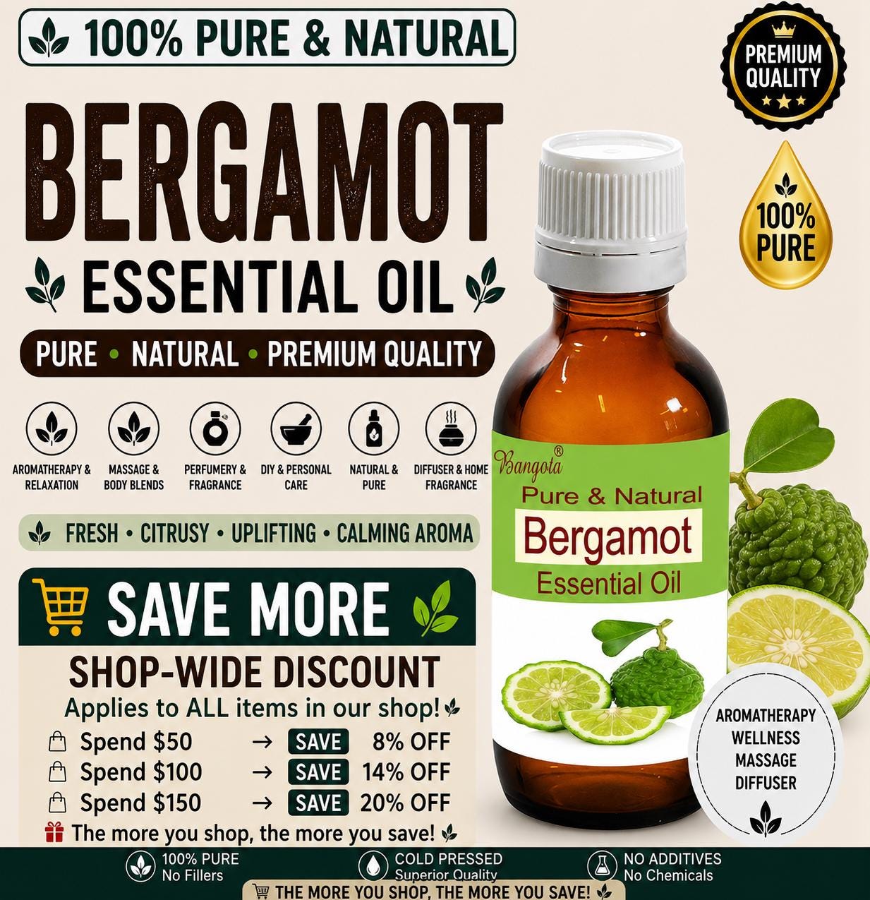 Bergamot Essential Oil Pure Natural Citrus Aurantium Bergamia Aromatherapy Diffuser Massage