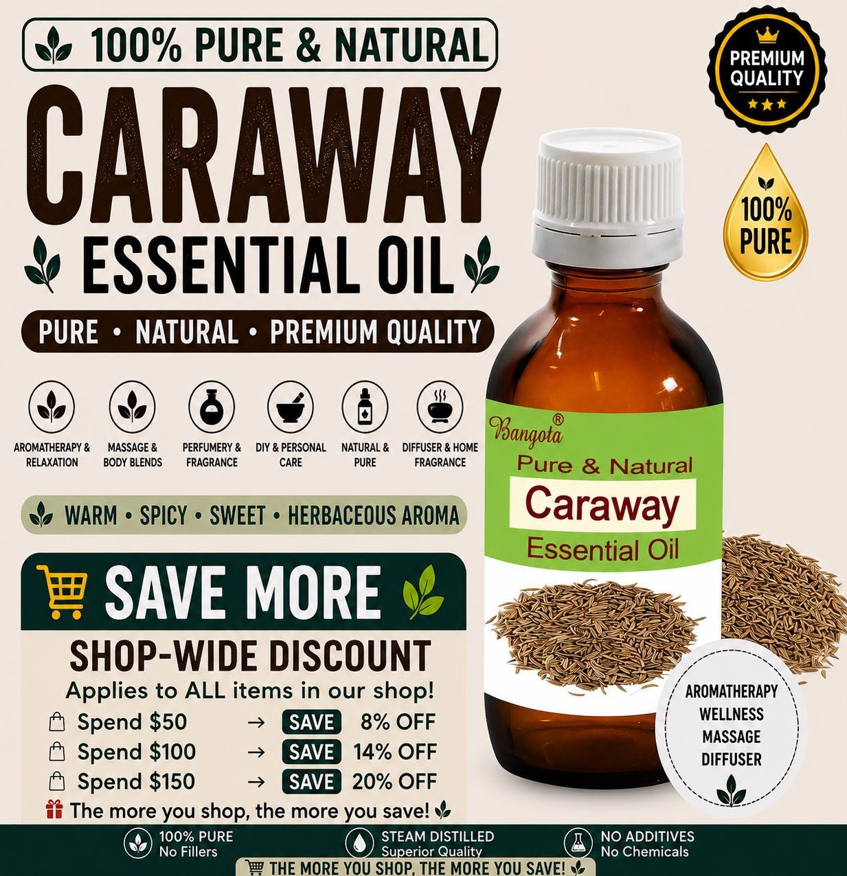 Caraway Essential Oil Pure Natural Steam Distilled Spicy Aromatherapy Diffuser Massage