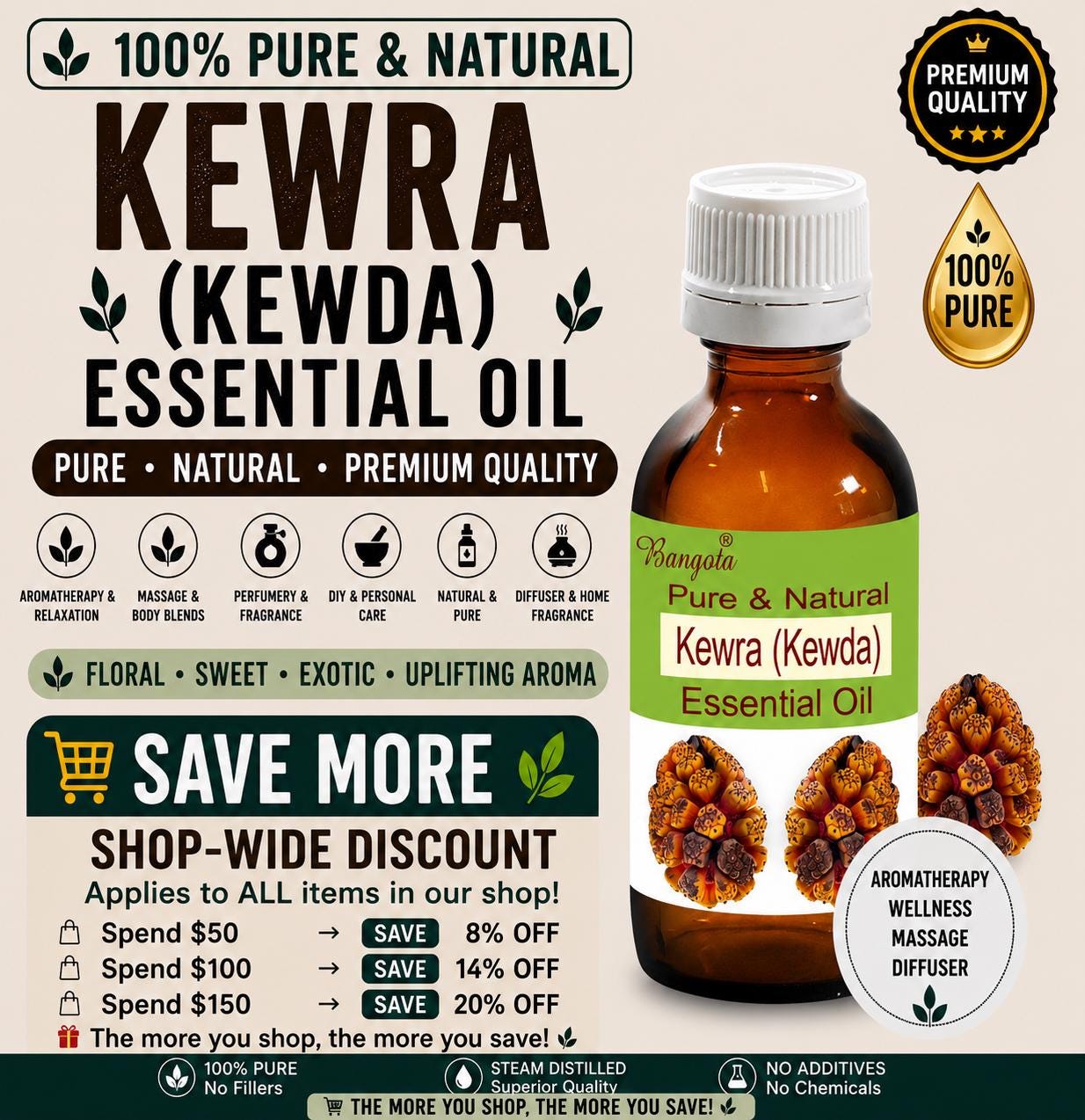 Kewra Essential Oil Pure Natural Kewda Floral Perfume Aromatherapy Massage Diffuser Bangota