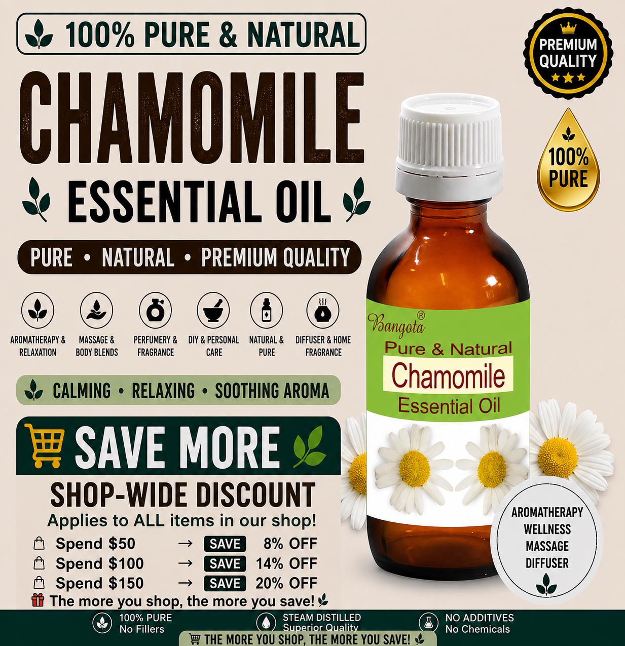 Chamomile Essential Oil Pure Natural Aromatherapy Relaxation Diffuser Massage Wellness