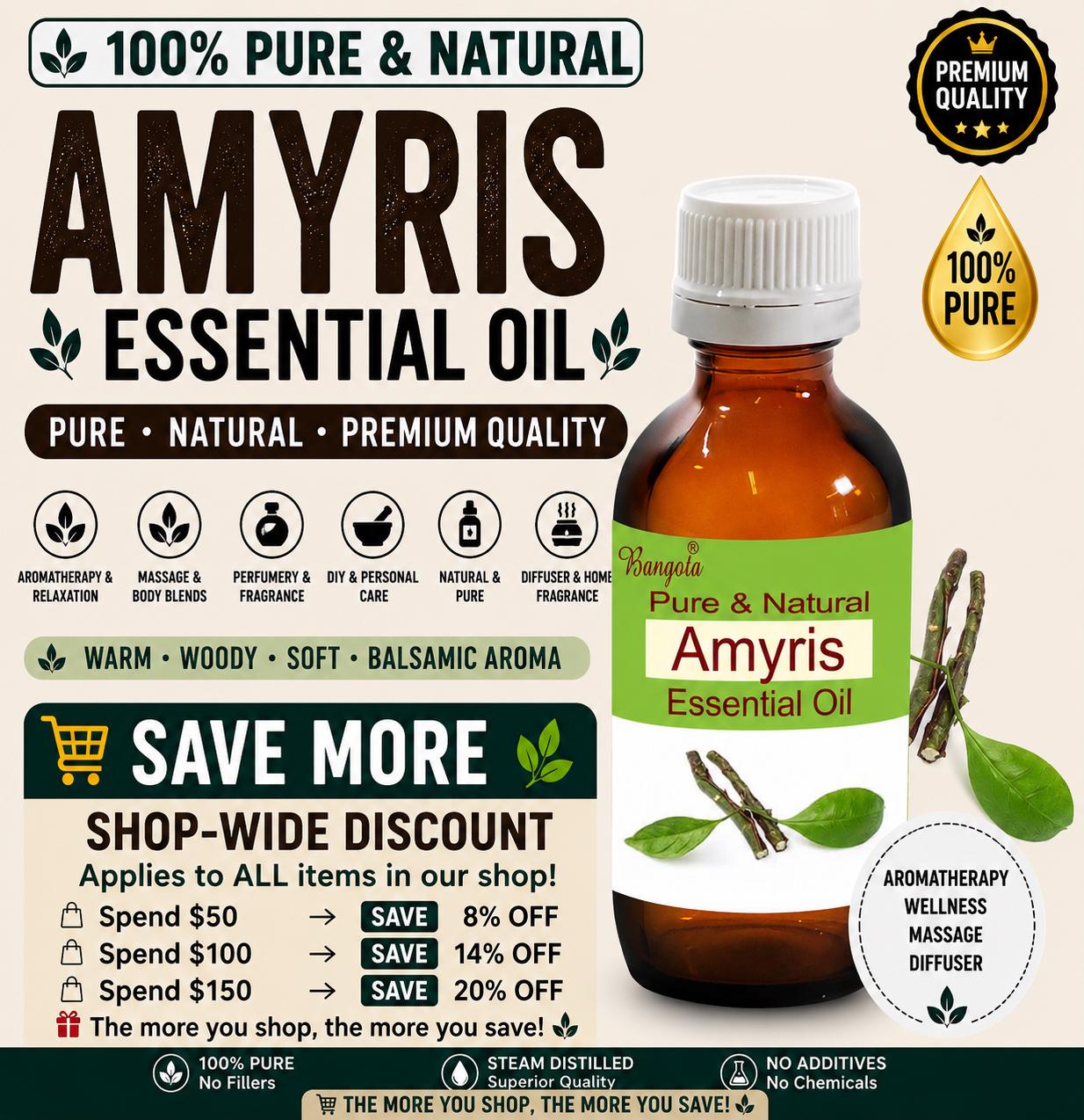 Amyris Essential Oil Pure Natural Woody Aroma Aromatherapy Diffuser Perfume Massage Relaxation Wellness