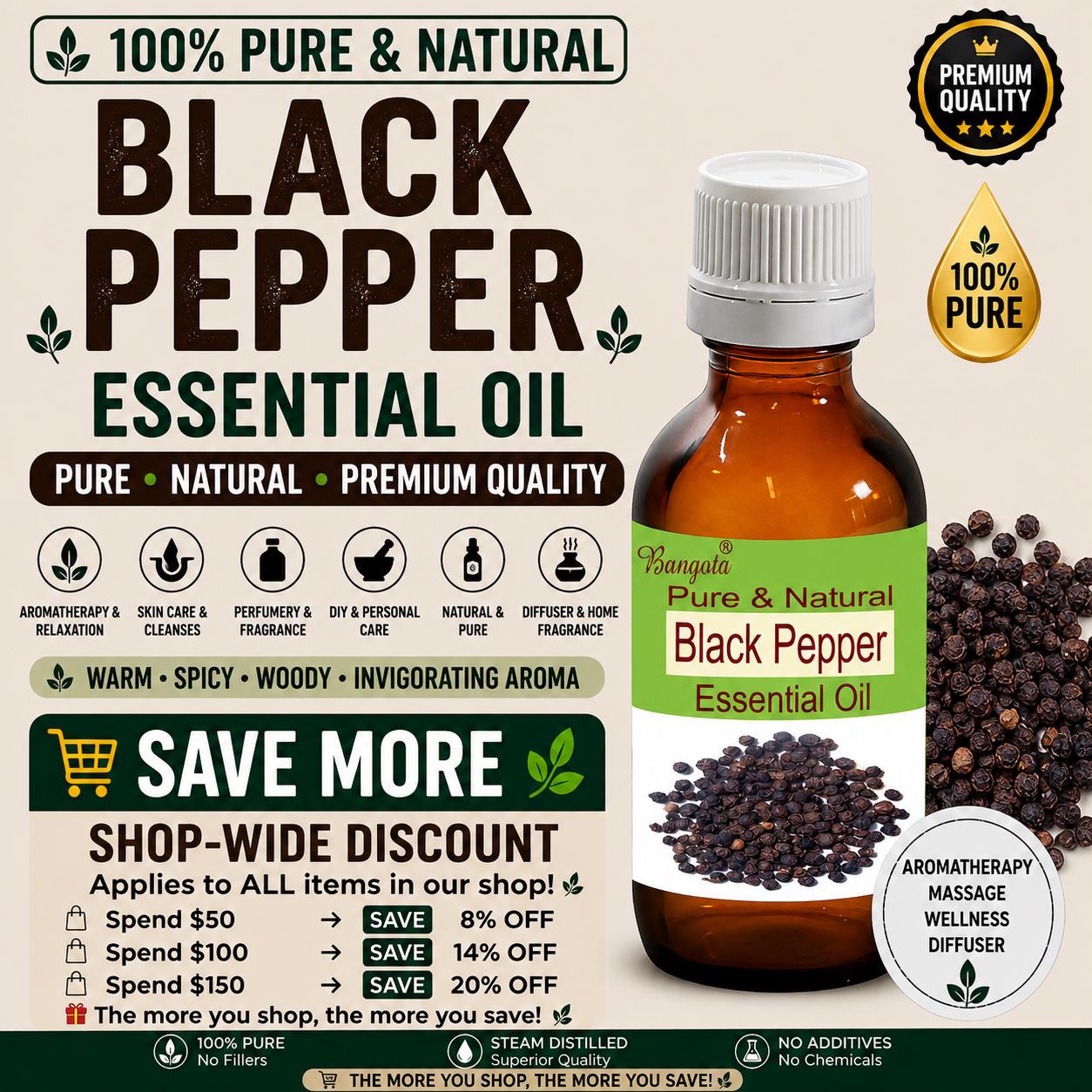 Black Pepper Essential Oil Pure Natural Piper Nigrum Aromatherapy Massage Diffuser Wellness