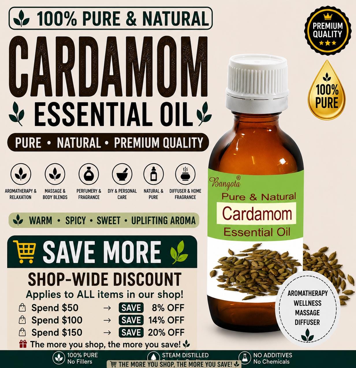 Cardamom Essential Oil Pure Natural Aromatherapy Diffuser Massage Steam Distilled