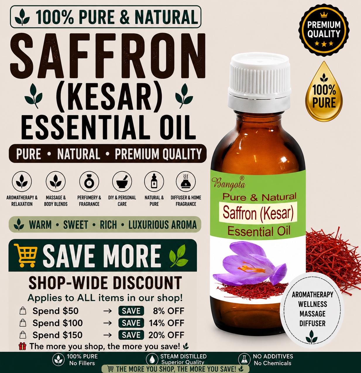 Saffron Kesar Essential Oil Pure Natural Aromatherapy Skin Brightening Massage Oil
