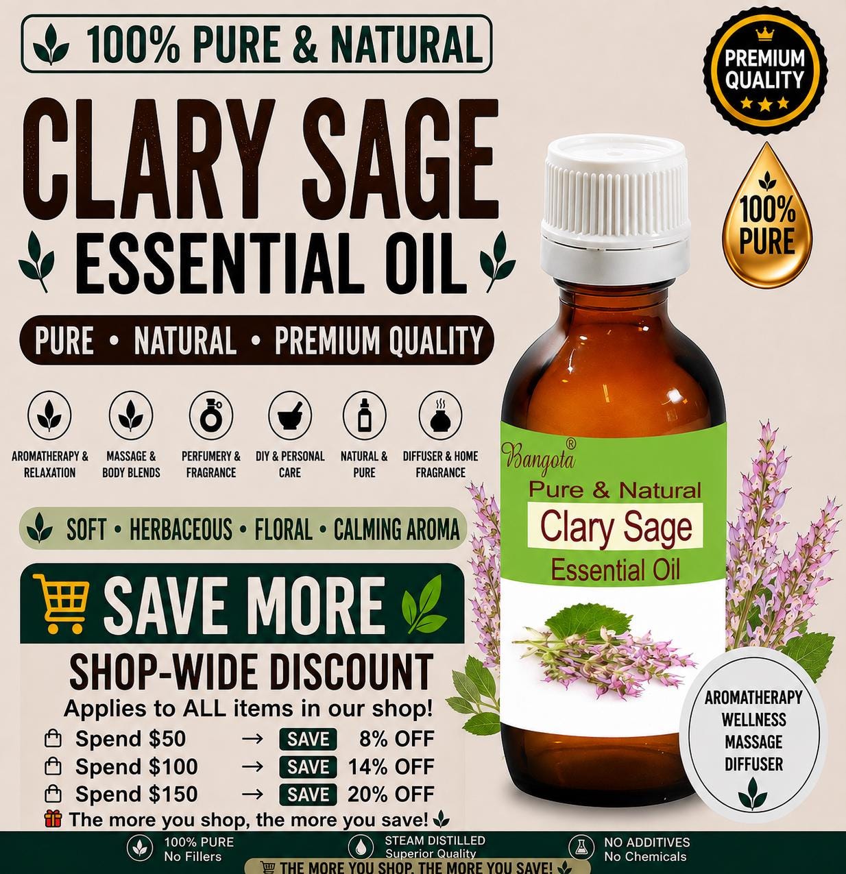 Clary Sage Essential Oil Pure Natural Salvia sclarea Aromatherapy Diffuser Massage Perfumery