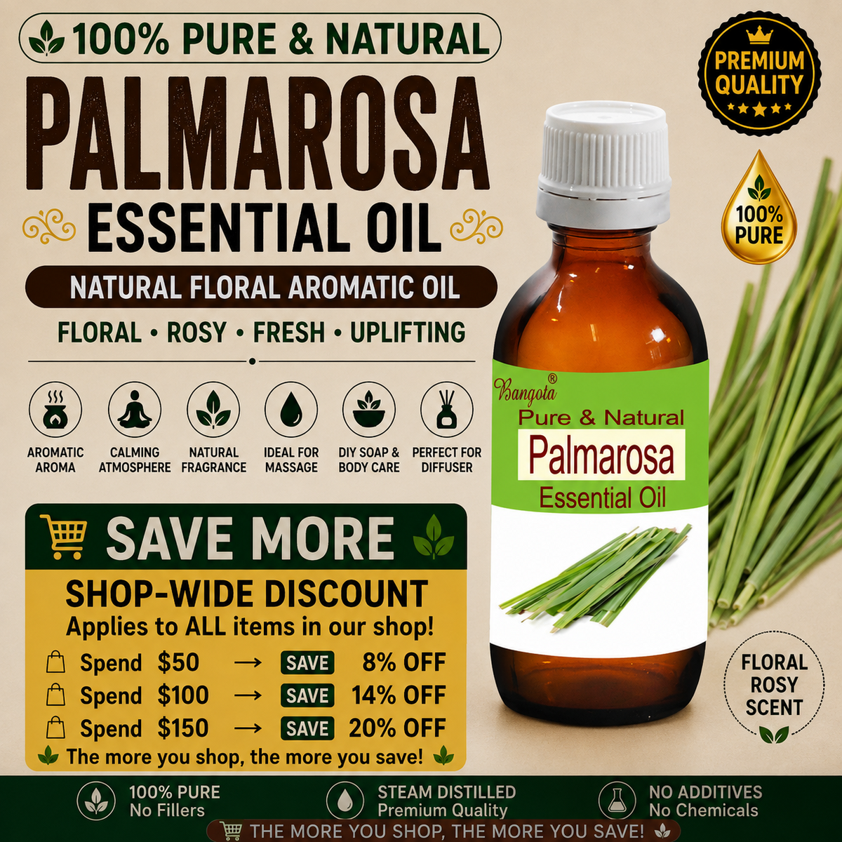 Palmarosa Essential Oil Pure Natural Cymbopogon Martinii Steam Distilled Aromatherapy Perfumery Soap Making