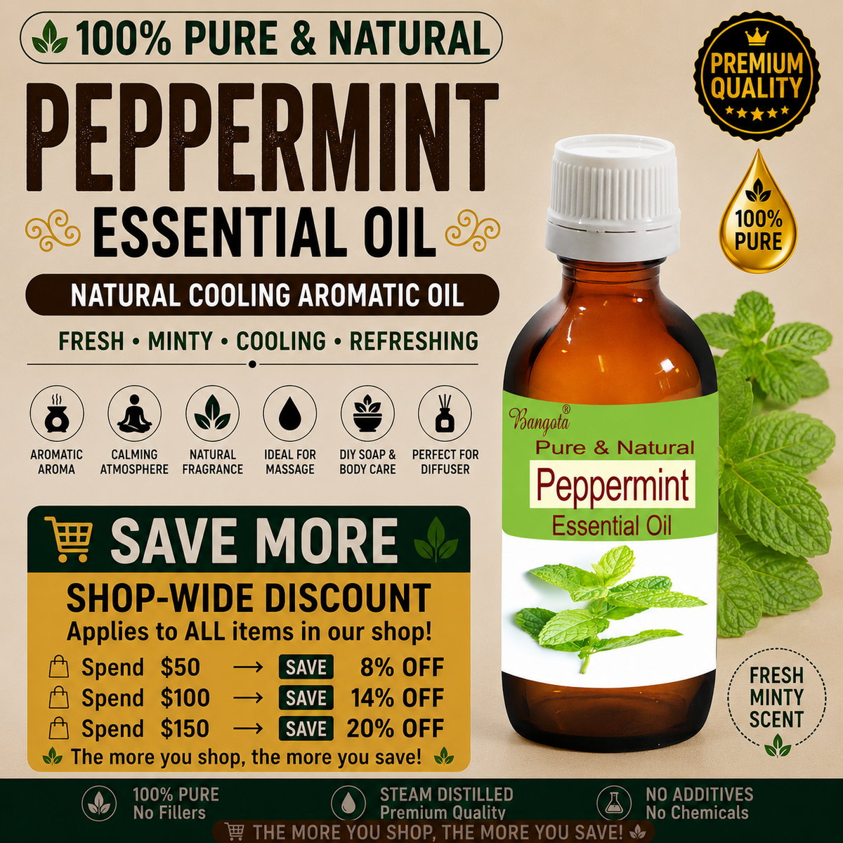 Peppermint Pure Natural Essential Oil Mentha Piperita Steam Distilled Cooling Minty Aromatherapy Fragrance